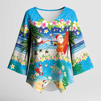 Polynesian Merry Christmas Kimono Sleeve Blouse Funny Santa Beach Tropical Plant and Turtle - Polynesian Pride