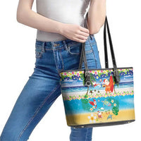 Polynesian Merry Christmas Leather Tote Bag Funny Santa Beach Tropical Plant and Turtle - Polynesian Pride