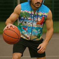 Polynesian Merry Christmas Sleeveless Zip Hoodie Funny Santa Beach Tropical Plant and Turtle - Polynesian Pride