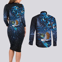 Aotearoa Matariki Couples Matching Long Sleeve Bodycon Dress and Long Sleeve Button Shirt Maori Tribal with Silver Fern and Tui Bird Galaxy Style - Polynesian Pride