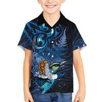 Aotearoa Matariki Family Matching Long Sleeve Bodycon Dress and Hawaiian Shirt Maori Tribal with Silver Fern and Tui Bird Galaxy Style - Polynesian Pride