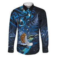 Aotearoa Matariki Family Matching Mermaid Dress and Hawaiian Shirt Maori Tribal with Silver Fern and Tui Bird Galaxy Style LT03 Dad's Shirt - Long Sleeve Navy - Polynesian Pride