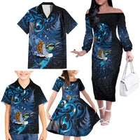 Aotearoa Matariki Family Matching Off The Shoulder Long Sleeve Dress and Hawaiian Shirt Maori Tribal with Silver Fern and Tui Bird Galaxy Style - Polynesian Pride