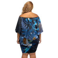 Aotearoa Matariki Family Matching Off Shoulder Short Dress and Hawaiian Shirt Maori Tribal with Silver Fern and Tui Bird Galaxy Style - Polynesian Pride