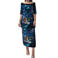 Aotearoa Matariki Family Matching Puletasi and Hawaiian Shirt Maori Tribal with Silver Fern and Tui Bird Galaxy Style LT03 Mom's Dress Navy - Polynesian Pride