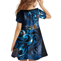 Aotearoa Matariki Kid Short Sleeve Dress Maori Tribal with Silver Fern and Tui Bird Galaxy Style LT03 - Polynesian Pride