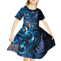 Aotearoa Matariki Kid Short Sleeve Dress Maori Tribal with Silver Fern and Tui Bird Galaxy Style - Polynesian Pride
