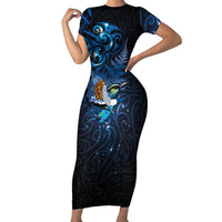 Aotearoa Matariki Short Sleeve Bodycon Dress Maori Tribal with Silver Fern and Tui Bird Galaxy Style LT03 Long Dress Navy - Polynesian Pride