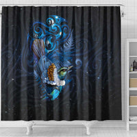 Aotearoa Matariki Shower Curtain Maori Tribal with Silver Fern and Tui Bird Galaxy Style - Polynesian Pride