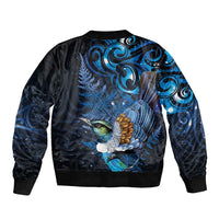 Aotearoa Matariki Sleeve Zip Bomber Jacket Maori Tribal with Silver Fern and Tui Bird Galaxy Style - Polynesian Pride