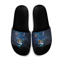 Aotearoa Matariki Slide Sandals Maori Tribal with Silver Fern and Tui Bird Galaxy Style - Polynesian Pride