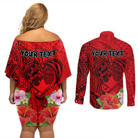 Personalised Hawaii Valentine Day Couples Matching Off Shoulder Short Dress and Long Sleeve Button Shirt Couple Love Heart mix Hibiscus and Polynesian Tattoo LT03 - Polynesian Pride