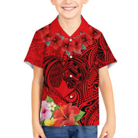 Personalised Hawaii Valentine Day Family Matching Off Shoulder Long Sleeve Dress and Hawaiian Shirt Couple Love Heart mix Hibiscus and Polynesian Tattoo LT03 Son's Shirt Red - Polynesian Pride