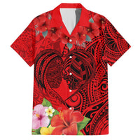 Personalised Hawaii Valentine Day Hawaiian Shirt Couple Love Heart mix Hibiscus and Polynesian Tattoo LT03 Red - Polynesian Pride