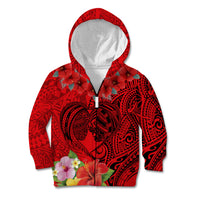 Personalised Hawaii Valentine Day Kid Hoodie Couple Love Heart mix Hibiscus and Polynesian Tattoo LT03 Zip Hoodie Red - Polynesian Pride