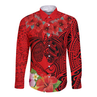 Personalised Hawaii Valentine Day Long Sleeve Button Shirt Couple Love Heart mix Hibiscus and Polynesian Tattoo LT03 Unisex Red - Polynesian Pride