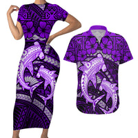 Polynesian Shark Valentine Day Couples Matching Short Sleeve Bodycon Dress and Hawaiian Shirt Hibiscus and Tribal Tattoo Purple Style LT03 Purple - Polynesian Pride