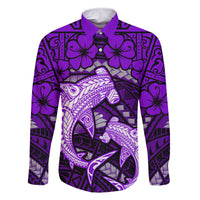 Polynesian Shark Valentine Day Family Matching Tank Maxi Dress and Hawaiian Shirt Hibiscus and Tribal Tattoo Purple Style LT03 Dad's Shirt - Long Sleeve Purple - Polynesian Pride