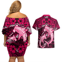 Polynesian Shark Valentine Day Couples Matching Off Shoulder Short Dress and Hawaiian Shirt Hibiscus and Tribal Tattoo Pink Style LT03 - Polynesian Pride
