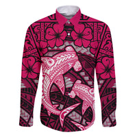 Polynesian Shark Valentine Day Family Matching Off Shoulder Short Dress and Hawaiian Shirt Hibiscus and Tribal Tattoo Pink Style LT03 Dad's Shirt - Long Sleeve Pink - Polynesian Pride