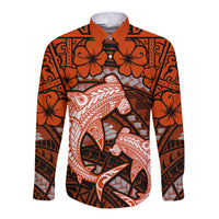 Polynesian Shark Valentine Day Long Sleeve Button Shirt Hibiscus and Tribal Tattoo Orange Style LT03 Unisex Orange - Polynesian Pride