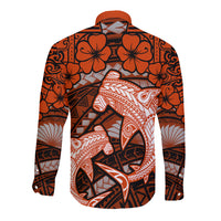 Polynesian Shark Valentine Day Long Sleeve Button Shirt Hibiscus and Tribal Tattoo Orange Style LT03 - Polynesian Pride