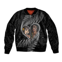 New Zealand Valentine Day Sleeve Zip Bomber Jacket Aotearoa Warrior and Woman Love Heart Maori Pattern LT03 Unisex Black - Polynesian Pride