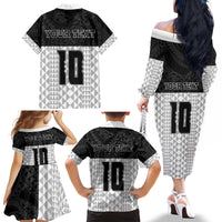 Custom Hawaii Volleyball-Kakau Motif Grayscale Color Family Matching Off The Shoulder Long Sleeve Dress and Hawaiian Shirt