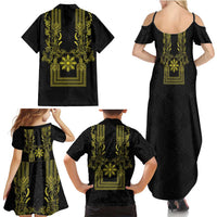 Philippines Barong Style Family Matching Summer Maxi Dress and Hawaiian Shirt with Polynesian Art and Leaf Motif Black-Gold Color