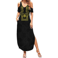 Philippines Barong Style Family Matching Summer Maxi Dress and Hawaiian Shirt with Polynesian Art and Leaf Motif Black-Gold Color