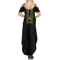 Philippines Barong Style Family Matching Summer Maxi Dress and Hawaiian Shirt with Polynesian Art and Leaf Motif Black-Gold Color