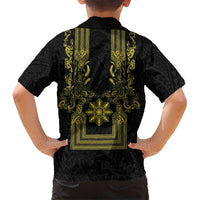 Philippines Barong Style Family Matching Tank Maxi Dress and Hawaiian Shirt with Polynesian Art and Leaf Motif Black-Gold Color
