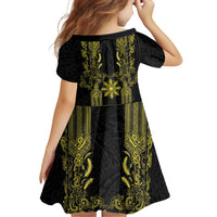 Philippines Barong Style Family Matching Tank Maxi Dress and Hawaiian Shirt with Polynesian Art and Leaf Motif Black-Gold Color
