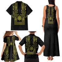 Philippines Barong Style Family Matching Tank Maxi Dress and Hawaiian Shirt with Polynesian Art and Leaf Motif Black-Gold Color