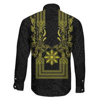 Philippines Barong Style Family Matching Tank Maxi Dress and Hawaiian Shirt with Polynesian Art and Leaf Motif Black-Gold Color