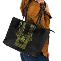 Philippines Barong Style Leather Tote Bag with Polynesian Art and Leaf Motif Black-Gold Color LT03 - Polynesian Pride