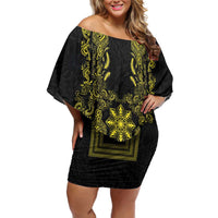 Philippines Barong Style Off Shoulder Short Dress with Polynesian Art and Leaf Motif Black-Gold Color LT03 Women Black - Polynesian Pride