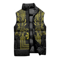 Philippines Barong Style Sleeveless Puffer Jacket with Polynesian Art and Leaf Motif Black-Gold Color LT03 - Polynesian Pride