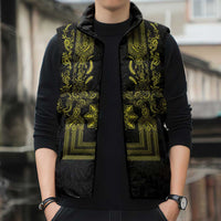 Philippines Barong Style Sleeveless Puffer Jacket with Polynesian Art and Leaf Motif Black-Gold Color LT03 - Polynesian Pride