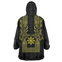 Philippines Barong Style Wearable Blanket Hoodie with Polynesian Art and Leaf Motif Black-Gold Color
