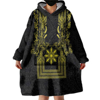 Philippines Barong Style Wearable Blanket Hoodie with Polynesian Art and Leaf Motif Black-Gold Color