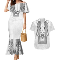 Philippines Barong Style Couples Matching Mermaid Dress and Hawaiian Shirt with Polynesian Art and Leaf Motif Black-White Color