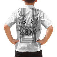Philippines Barong Style Family Matching Off The Shoulder Long Sleeve Dress and Hawaiian Shirt with Polynesian Art and Leaf Motif Black-White Color