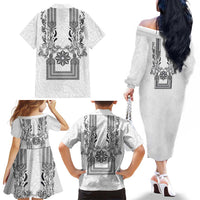 Philippines Barong Style Family Matching Off The Shoulder Long Sleeve Dress and Hawaiian Shirt with Polynesian Art and Leaf Motif Black-White Color