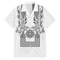 Philippines Barong Style Family Matching Off The Shoulder Long Sleeve Dress and Hawaiian Shirt with Polynesian Art and Leaf Motif Black-White Color