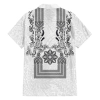 Philippines Barong Style Family Matching Off The Shoulder Long Sleeve Dress and Hawaiian Shirt with Polynesian Art and Leaf Motif Black-White Color