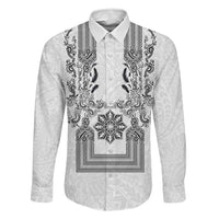 Philippines Barong Style Family Matching Off The Shoulder Long Sleeve Dress and Hawaiian Shirt with Polynesian Art and Leaf Motif Black-White Color