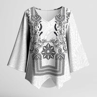 Philippines Barong Style Kimono Sleeve Blouse with Polynesian Art and Leaf Motif Black-White Color LT03 Female White - Polynesian Pride
