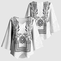 Philippines Barong Style Kimono Sleeve Blouse with Polynesian Art and Leaf Motif Black-White Color LT03 - Polynesian Pride