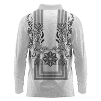 Philippines Barong Style Long Sleeve Polo Shirt with Polynesian Art and Leaf Motif Black-White Color